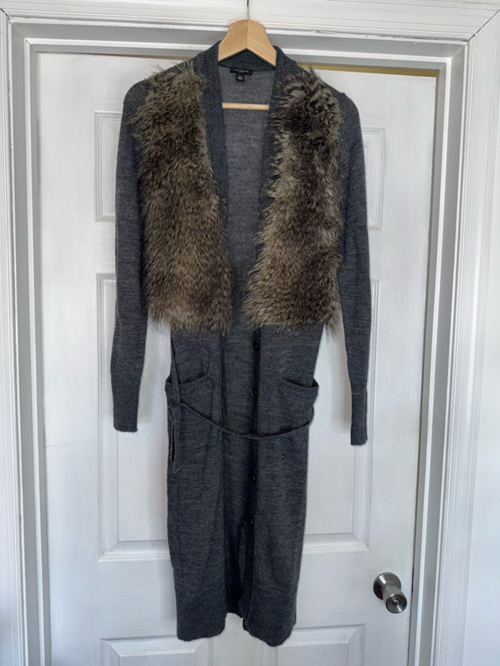 Ann Taylor Faux Fur Long Cardigan XS Gray